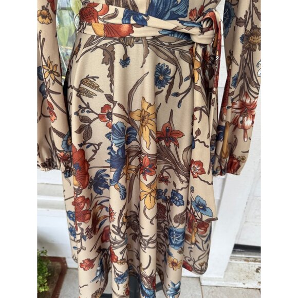 Vintage 70's Sears MOD Big Floral Belted Dress Beige Blue Size 10 - Picture 9 of 12